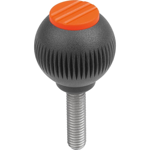 Spherical Knob Size:4, D1=50 D=M12X20, Thermoplastic Black Ral7021, Comp:Steel, Cap:Orange Ral 2004